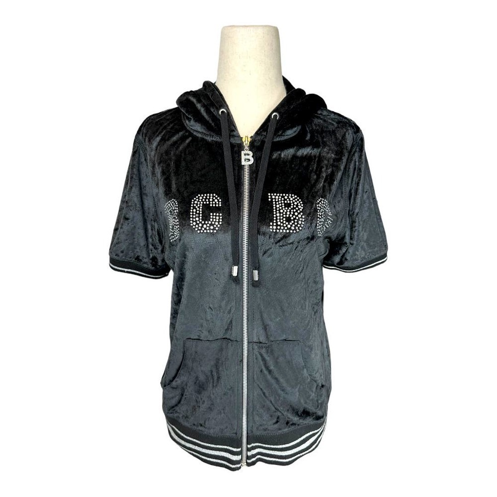 BCBG Vintage Y2K Short Sleeve Velour Full Zip Track Jacket Bedazzled in Black